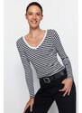 Trendyol Black Striped Ribbed V-Neck Fitted/Simple Long Sleeve Crop Stretch Knitted Blouse