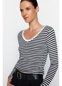 Trendyol Black Striped Ribbed V-Neck Fitted/Simple Long Sleeve Crop Stretch Knitted Blouse