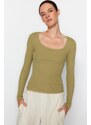 Trendyol Khaki Faded/Faded Effect Ribbed Pool Neck Fitted Cotton Stretch Knitted Blouse