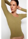 Trendyol Khaki Faded/Faded Effect Ribbed Pool Neck Fitted Cotton Stretch Knitted Blouse