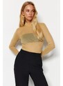 Trendyol Beige Fitted High Neck Tulle Knitted Blouse