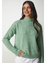 Happiness İstanbul Štěstí İstanbul Dámský mandlově zelený vousatý pletený svetr s vysokým výstřihem