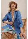 Trend Alaçatı Stili Women's Aviator Blue Oversized Linen Shirt