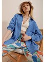 Trend Alaçatı Stili Women's Aviator Blue Oversized Linen Shirt