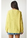 Happiness İstanbul Dámský žlutý V-Neck Oversize Základní pletený svetr