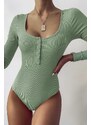 Madmext Mint Green Women's Bodysuit with Buttons