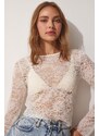 Happiness İstanbul Women's White Lace Semi Sheer Knitted Blouse