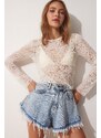 Happiness İstanbul Women's White Lace Semi Sheer Knitted Blouse