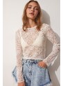 Happiness İstanbul Women's White Lace Semi Sheer Knitted Blouse