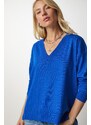 Happiness İstanbul Dámský modrý oversize pletený svetr s výstřihem do V