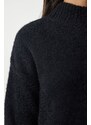 Happiness İstanbul Dámský černý vousatý pletený svetr s vysokým výstřihem