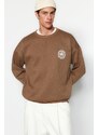 Trendyol Dark Brown Oversize/Wide Cut Floral Embroidered Fleece Inside Cotton Sweatshirt
