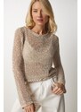 Happiness İstanbul Women's Biscuit Silvery Openwork Transparent Knitwear Blouse