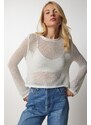 Happiness İstanbul Women's Cream Silvery Openwork Transparent Knitwear Blouse