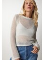 Happiness İstanbul Women's Cream Silvery Openwork Transparent Knitwear Blouse