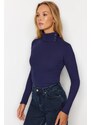 Trendyol Indigo Corduroy Asymmetrical Collar Detail Fitted/Slip-On Knitted Blouse