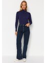 Trendyol Indigo Corduroy Asymmetrical Collar Detail Fitted/Slip-On Knitted Blouse