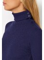 Trendyol Indigo Corduroy Asymmetrical Collar Detail Fitted/Slip-On Knitted Blouse