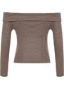Trendyol Brown Knitwear Look Carmen Collar Fitted/Skinned Crop Knitted Blouse