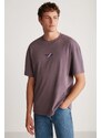 GRIMELANGE Jake Men's Oversize Fit 100% Cotton Thick Textured Printed Purple T-shirt