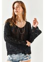 Olalook Women's Black Spanish Sleeve Geometric Detail Cotton Knitwear Blouse
