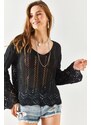 Olalook Women's Black Spanish Sleeve Geometric Detail Cotton Knitwear Blouse