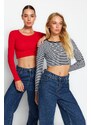 Trendyol Red-Navy Blue Striped 2-Pack Fitted/Sleeved Ribbed Stretch Knit Blouse