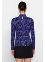 Trendyol Purple Printed Fitted/Situated High Neck Long Sleeve Crepe/Textured Knitted Blouse