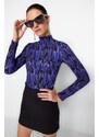 Trendyol Purple Printed Fitted/Situated High Neck Long Sleeve Crepe/Textured Knitted Blouse