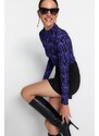 Trendyol Purple Printed Fitted/Situated High Neck Long Sleeve Crepe/Textured Knitted Blouse