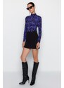 Trendyol Purple Printed Fitted/Situated High Neck Long Sleeve Crepe/Textured Knitted Blouse