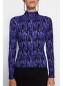 Trendyol Purple Printed Fitted/Situated High Neck Long Sleeve Crepe/Textured Knitted Blouse