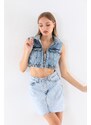 BİKELİFE Women's Blue Lycra Crop Denim Vest