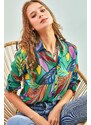 Bianco Lucci Women's Multi Leaf Patterned Viscose Shirt with Fold Sleeves.