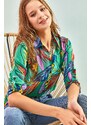 Bianco Lucci Women's Multi Leaf Patterned Viscose Shirt with Fold Sleeves.