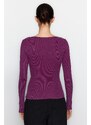 Trendyol Purple Faded/Faded Effect Ribbed Pool Neck Body-Shouldered Cotton Stretch Knit Blouse