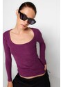 Trendyol Purple Faded/Faded Effect Ribbed Pool Neck Body-Shouldered Cotton Stretch Knit Blouse