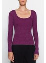 Trendyol Purple Faded/Faded Effect Ribbed Pool Neck Body-Shouldered Cotton Stretch Knit Blouse