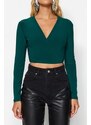 Trendyol Emerald Green Double Breasted Neck Fitted Crop Stretch Blouse