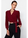 Trendyol Claret Red Double Breasted Crop Stretch Knitted Blouse