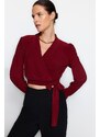 Trendyol Claret Red Double Breasted Crop Stretch Knitted Blouse