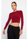 Trendyol Burgundy High Neck Fitted/Simple Long Sleeve Gathered Elastic Knitted Blouse