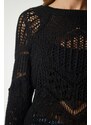 Happiness İstanbul Dámský černý strukturovaný prolamovaný pletený svetr