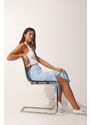 Happiness İstanbul Women's Sky Blue Patterned Viscose Skirt with a Slit