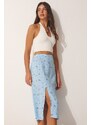 Happiness İstanbul Women's Sky Blue Patterned Viscose Skirt with a Slit