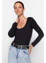 Trendyol Black Slim Snap Button Fastener Crew Neck Long Sleeved Soft Fabric Flexible Knitted Body