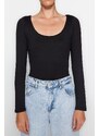 Trendyol Black Slim Snap Button Fastener Crew Neck Long Sleeved Soft Fabric Flexible Knitted Body