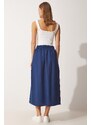 Happiness İstanbul Women's Navy Blue Pleated Summer Linen Skirt
