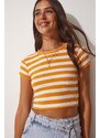 Happiness İstanbul Women's Orange Striped Cotton Knitted Crop T-Shirt