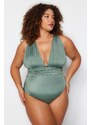 Plavky Trendyol Curve Green Deep V Cross Back Slimming Effect